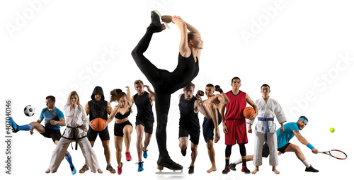Sport collage. Tennis player, soccer, figure skating, taekwon-do, karate, MMA, basketball