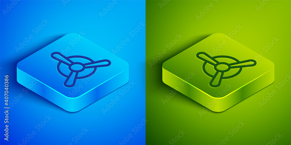 Isometric line Plane propeller icon isolated on blue and green background. Vintage aircraft propeller. Square button. Vector.