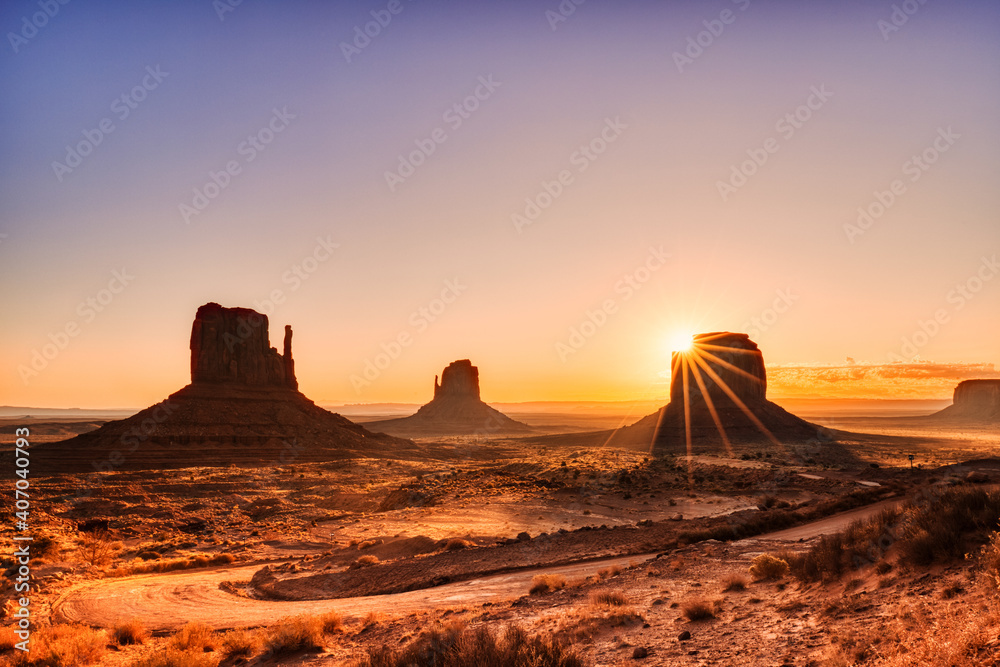 Monument Valley in Navajo National Park at Sunrise, Border of Utah and Arizona