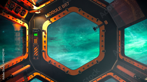 3D render of the observation bay of a space station in deep space