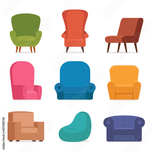 Comfortable retro and modern armchairs. Collection of stylish cosy furniture. Set of trendy chairs, simple fashionable furniture elements. Vector illustration.