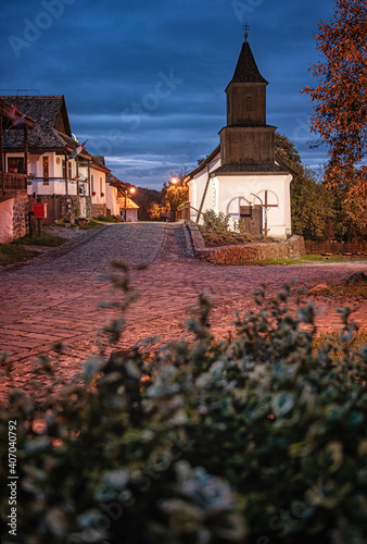 Iconic white temple in the old town of Holloko, Hungary