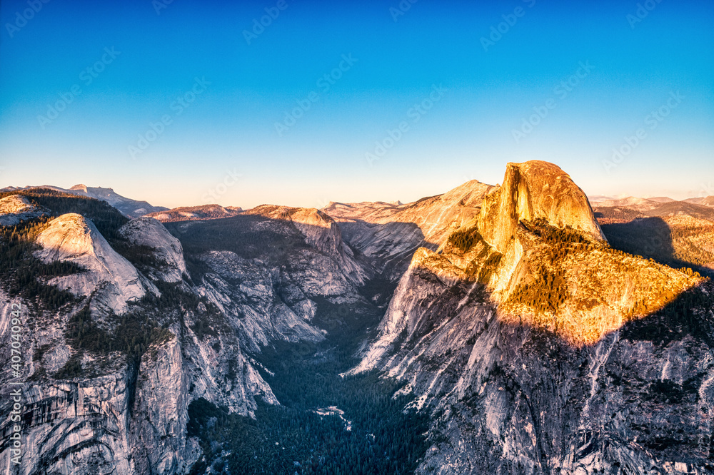Yosemite Valley with Illuminated Half Dome at Sunset, View from Glacier Point, Yosemite National Park