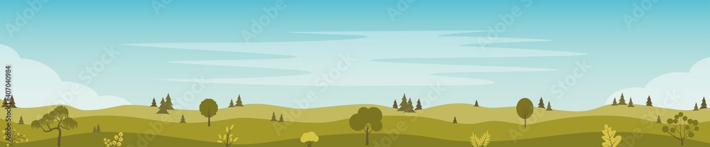 Beautiful fields landscape with a green hills, trees, bushes. Rural landscape. Countryside background Horizontal banner template. Vector flat illustration.