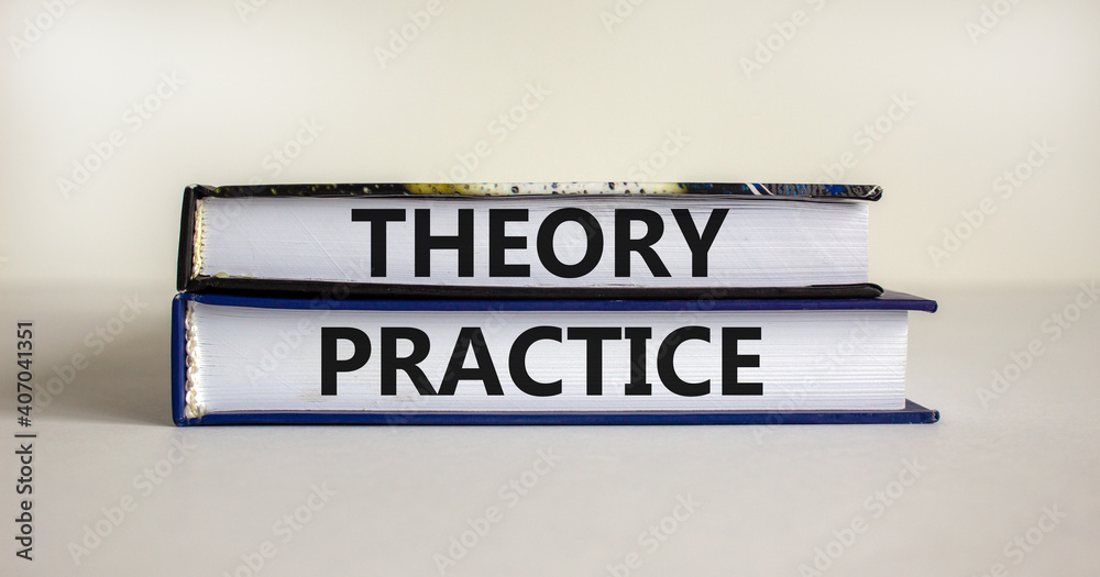 Theory and practice symbol. Books with words 'theory practice' on beautiful white table. White background. Business, theory and practice concept. Copy space.