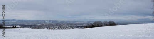 Paysage de neige autour de Région des Trois frontières (Dreiländereck) Bâle et Jura (Suisse), Weil-am-Rhein (Allemagne), Sundgau, Huningue, la plaine d'Alsace et Vosges (France)