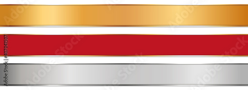 long gold, silver and red ribbon banners with gold frame on white background 