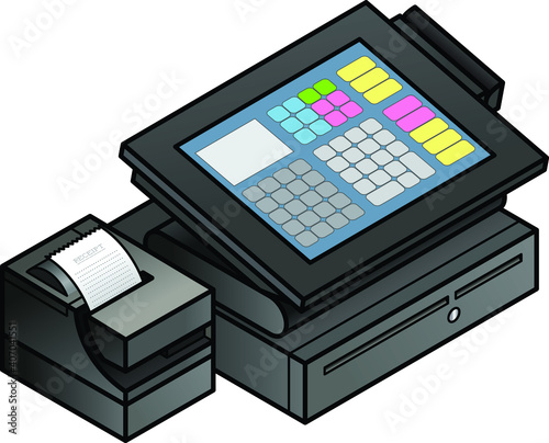 A slim profile touchscreen point of sale terminal with a card reader, receipt printer, and cash drawer.