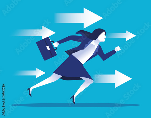 elegant businesswoman worker running with portfolio and arrows