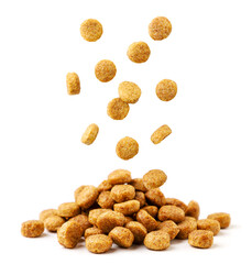 Pet food falls on a pile on a white background. Isolated