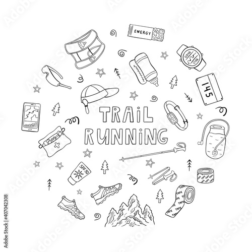 Drawing of trail running equipment and accessories icons set in round frame. Hand drawn vector illustration