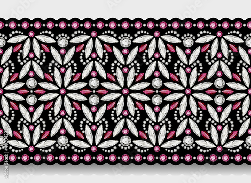 Diamond jewellery border pattern. Elegant jewelry necklace or bracelet decoration with diamonds and ruby gemstones on white background. Wide ribbon with embroidered ornament in boho style.