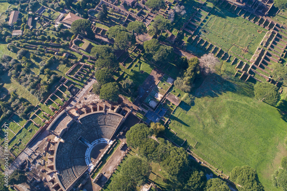 Aerial view of the Archaeological Area of Ostia Antica, founded in 620 .C rome near the Tiber River, an ancient port