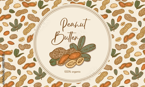 Logo frame with Peanut, nuts and leaves. Graphic hand drawn engraving style. Botanical illustration for packaging, menu cards, posters, prints, label.