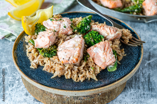 Salmon and broccoli pilaf