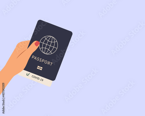 Human hand holding Covid-19 passport, vaccinated, negative result, vaccination certificate. Vector illustration flat style.