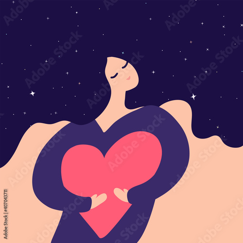 I love you greeting card. Love yourself. Self care woman with big pink heart. Dreaming happy girl hugging herself. Cartoon flat character holding love sign. Hug me. Mother help illustration. Pregnant.