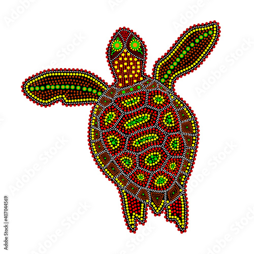 Turtle isolated on white background. Australia aboriginal turtle dot painting. Aboriginal styled color tortoise.Decorative ethnic style.For flyer, poster, banner, placard, brochure.Vector illustration