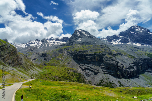 Mountain landscape along the road to Stelvio pass (Lombardy) at summer