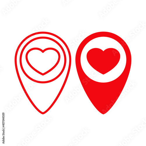 Logotipo corazón con puntero de mapa con lineas y relleno en color rojo