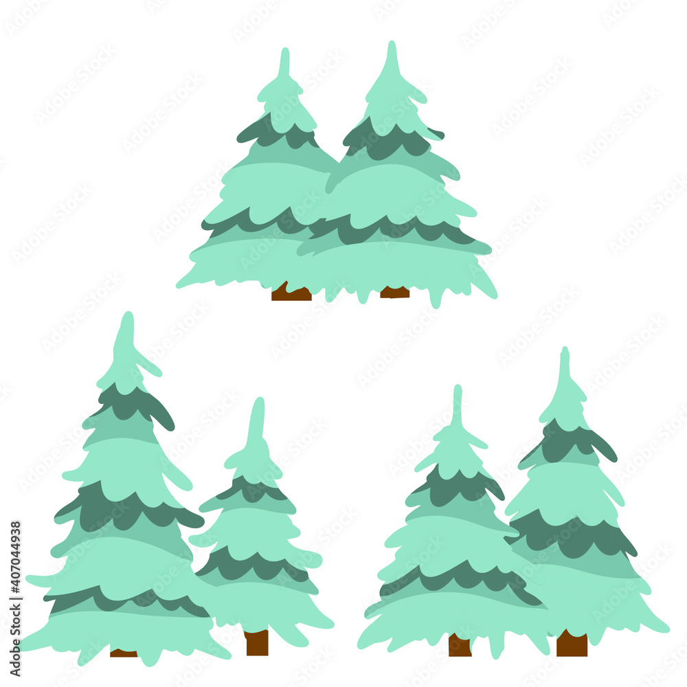Obraz premium Set of winter tree. Snow on branches. Element of nature and forests. Cartoon flat illustration. Cold season. New year and Christmas decorations