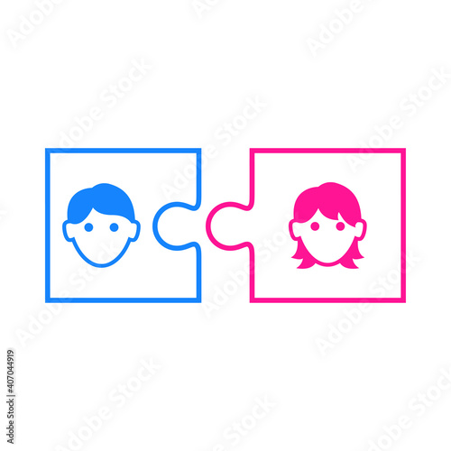 Logotipo relaciones de pareja con caras de hombre y mujer en piezas de puzle en color rosa y azul