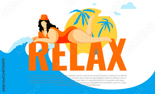 Relax time banner, poster, flyer design with plus size pin up women and yellow sun background. Young girl on text Relax. Ocean blue wave template. Vector illustration.