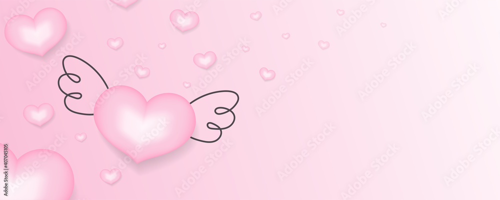 Happy Valentine's Day background. Pink hearts with hand drawn wings. Banner, poster, flyer, greeting card template with empty place for text. Love flying elements on pink. Vector illustration