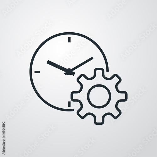 Logotipo con reloj simple y rueda dentada con lineas en fondo gris