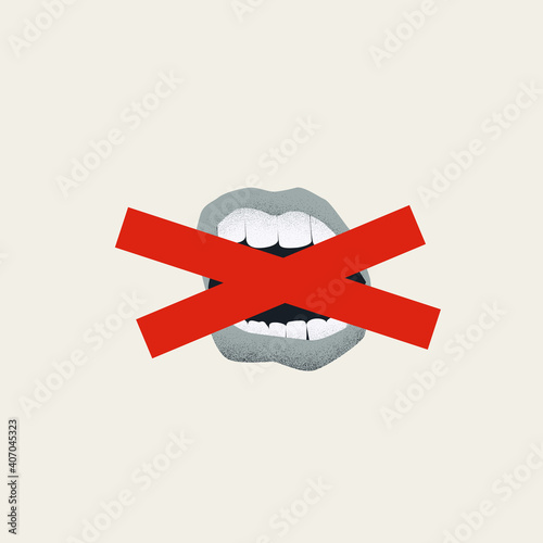 Censorship vector concept with mouth and tape over it. Vintage minimal design style symbol.