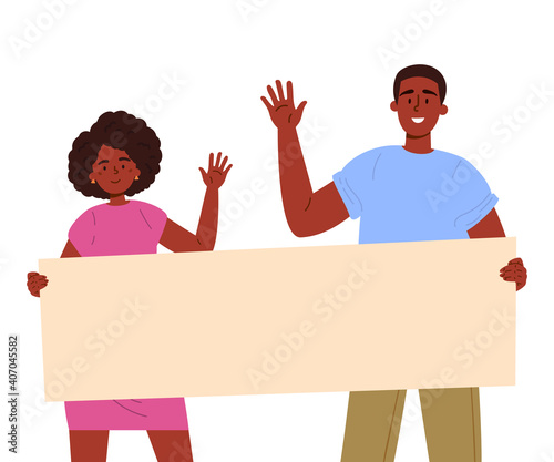 Man and woman holding a blank poster with place for text. A young people holds a bullet leaf in their hands. Teenagers shows a poster and waving their hands. Vector trendy illustration.