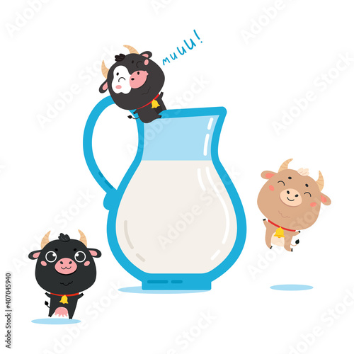 Illustration of farm cows and ox with milk glass jug. Cute cartoon animal character on white background. Vector funny mascot for printing on products and packaging containing milk in simple style. photo