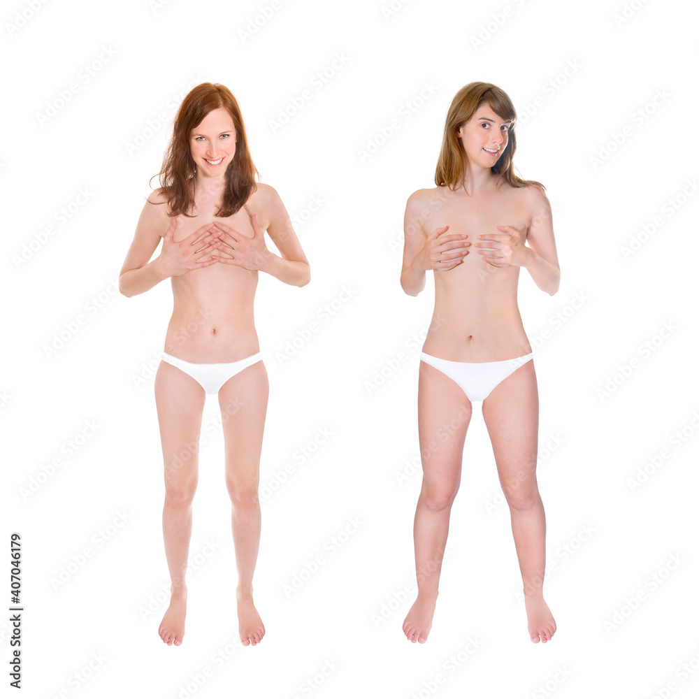 Two attractive young women covering their breasts with their hands, they are wearing white bikini pants and undies, isolated in front of white studio background Two attractive young women covering their breasts with their hands, they are wearing white bikini pants and undies, isolated in front of white studio background