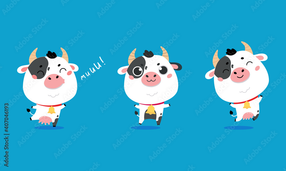 Set of cute cartoon cows on blue background. Vector funny mascot. Vector Illustration of farm cow for printing on products and packaging containing milk in simple children's style.
