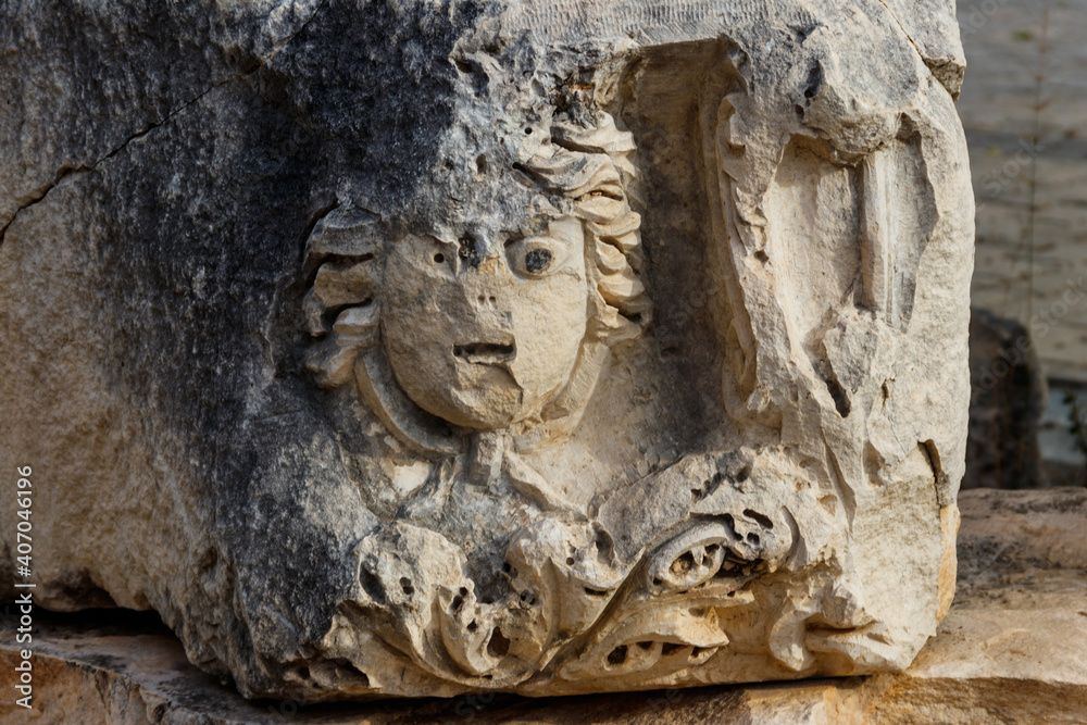 Stone faces in the ancient city of Myra in Demre, Antalya province in Turkey