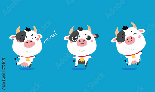 Set of cute cartoon cows on blue background. Vector funny mascot. Vector Illustration of farm cow for printing on products and packaging containing milk in simple children's style.
