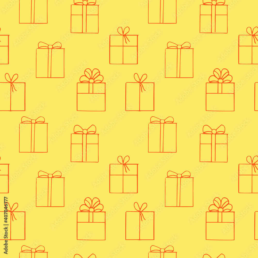 Seamless pattern gift boxes, vector illustration, hand drawing, yellow and orange Seamless pattern gift boxes, vector illustration, hand drawing, yellow and orange