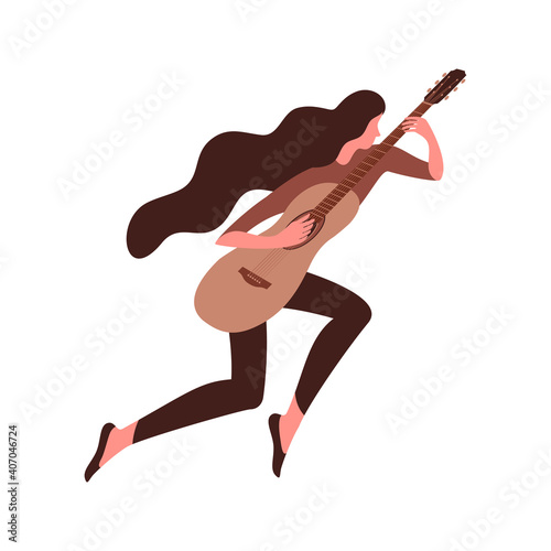 Woman playing guitar and jumping. Flat vector illustration.