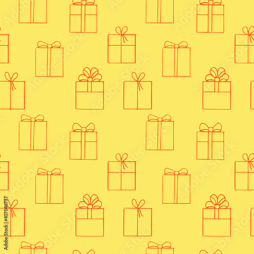 Seamless pattern gift boxes, vector illustration, hand drawing, yellow and orange