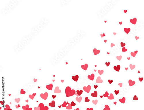 Valentines Day banner for greeting cards, wedding invitation, gift packages. Heart flying frame. Celebration backdrop. Bright pink hearts confetti falling on white background. Vector illustration