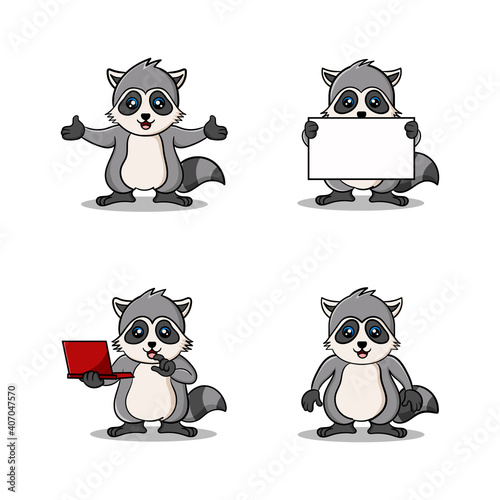 Set of cute raccoon mascot character
