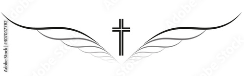 Banner für eine Traueranzeige, Tod und Trauer, Karte zum Beileid und Anteilnahme, Kreuz und Engelsflügel, abstrakt, vektor, isoliert