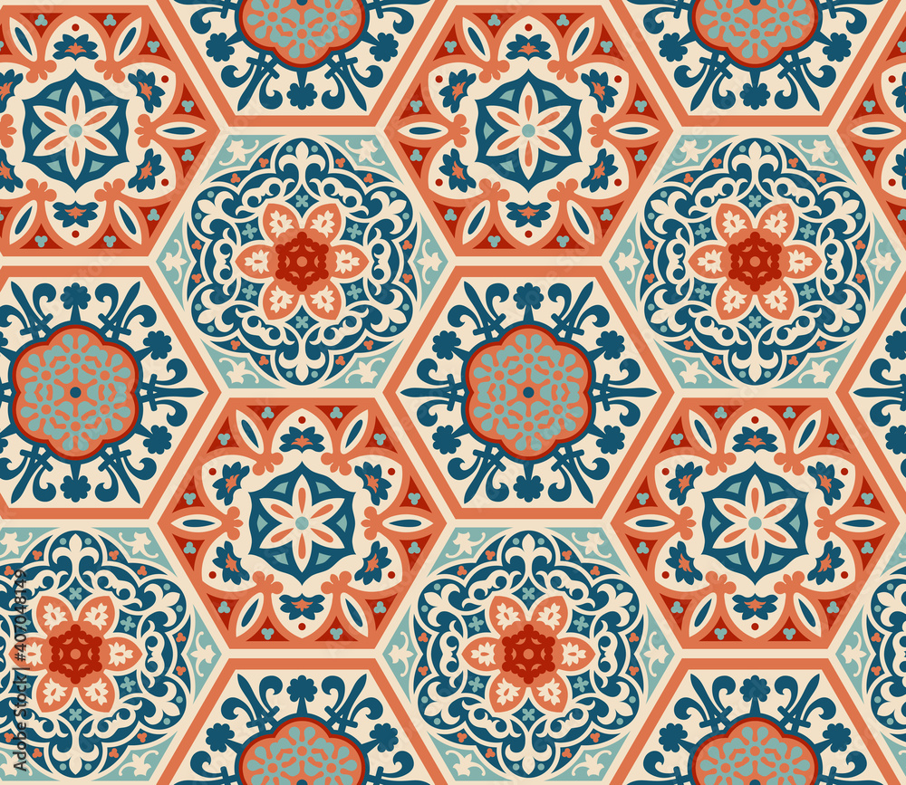 Decorated patterned hexagon tiles, seamless vector pattern, patchwork style