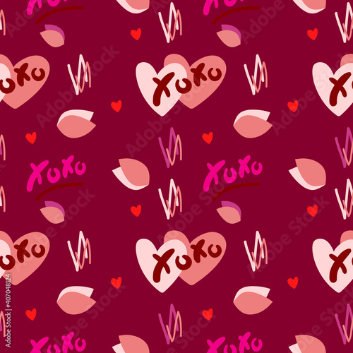 Vector abstract seamless XOXO pattern. Red background with hand drawn brush strokes, hearts, text. Romantic print design for textile, wrapping paper, wedding backdrops, Valentine's Day concepts etc