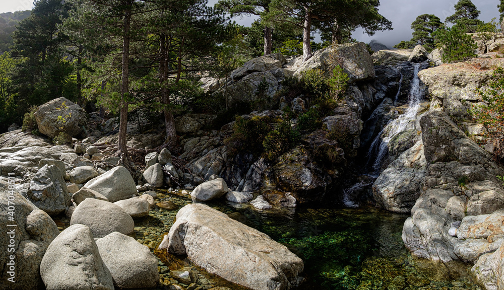 The waterfall Cascade des Anglais and the river Agnone, Vivario, Corsica, France