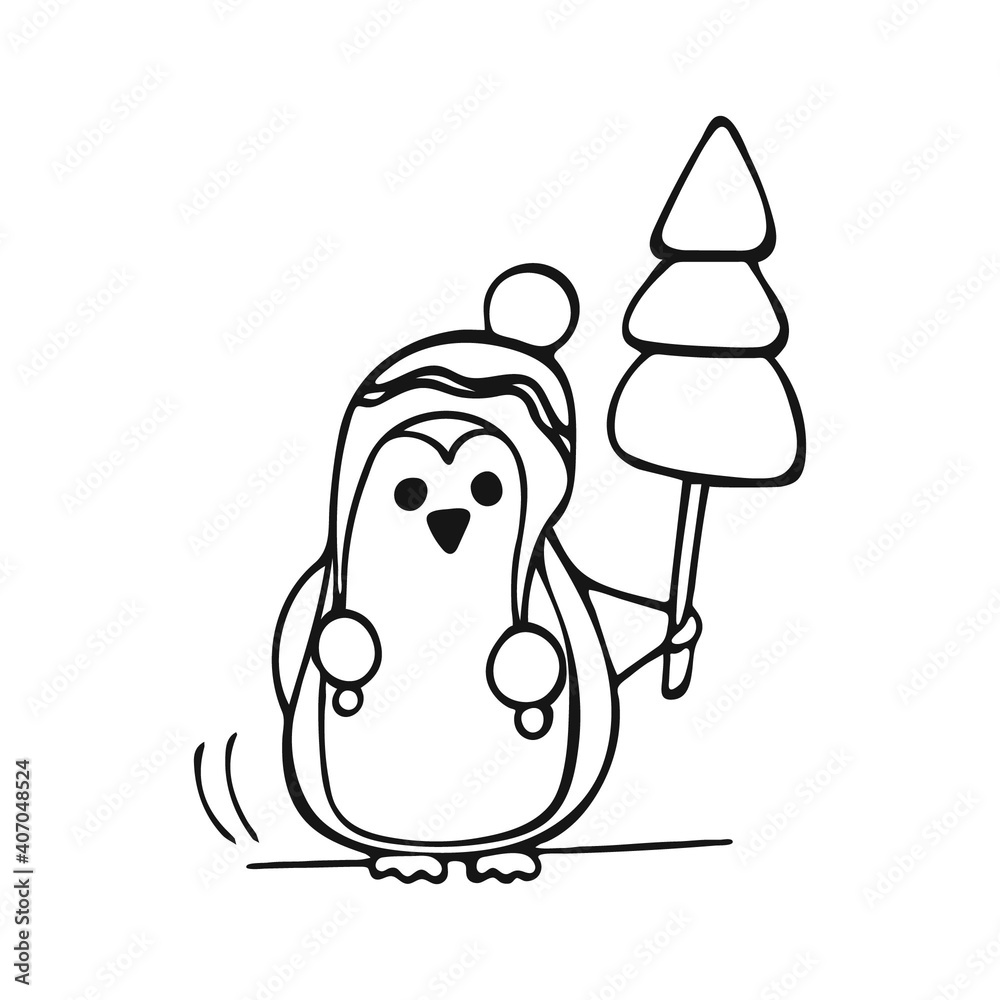 Hand-drawn a little penguin in a hat with a Christmas tree. Doodle penguin isolated on white background. Image Hand-drawn a little penguin in a hat with a Christmas tree. Doodle penguin isolated on white background. Image