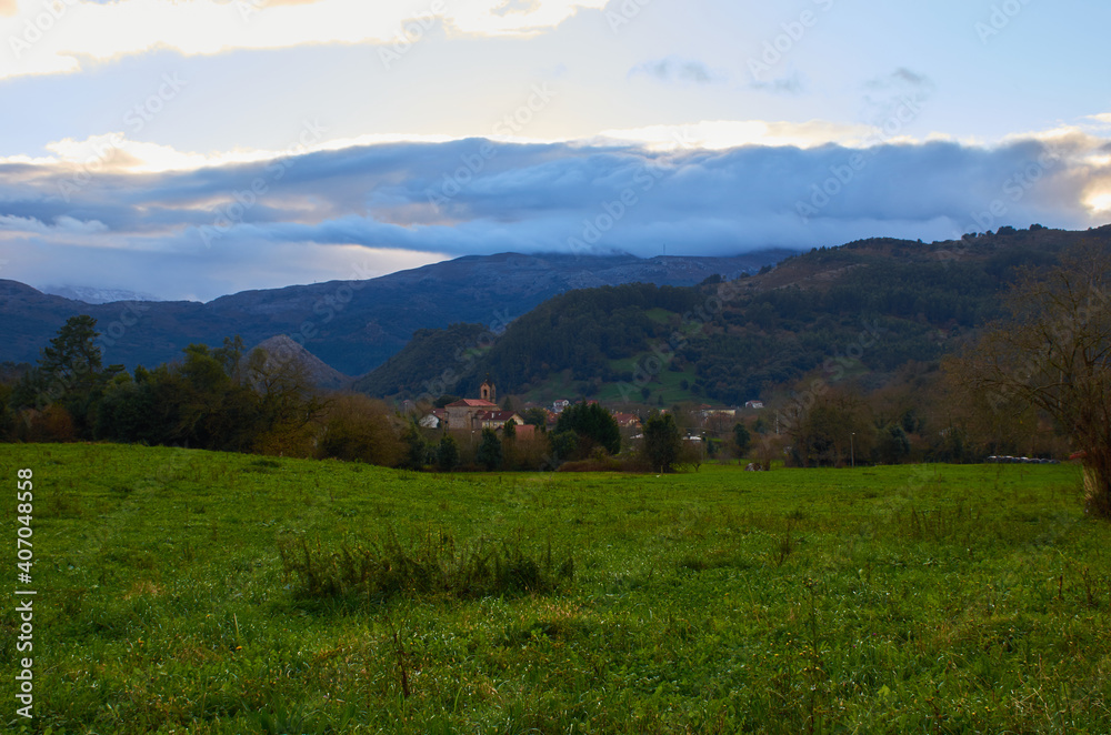 A typical landscape of northern Spain with evergreen meadows
