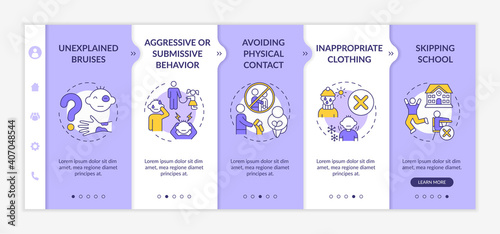 Domestic abuse symptoms onboarding vector template. Parental neglect. Kid with emotional and physical trauma. Responsive mobile website with icons. Webpage walkthrough step screens. RGB color concept