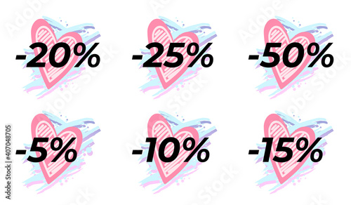 Vector discount icon set in shape of heart and paintbrush splash isolated on white background. -5%, -10%, -15%, -20%, -25%, -50%. For seasonal sale, marketing campaign, banner, label, flyer, sticker.