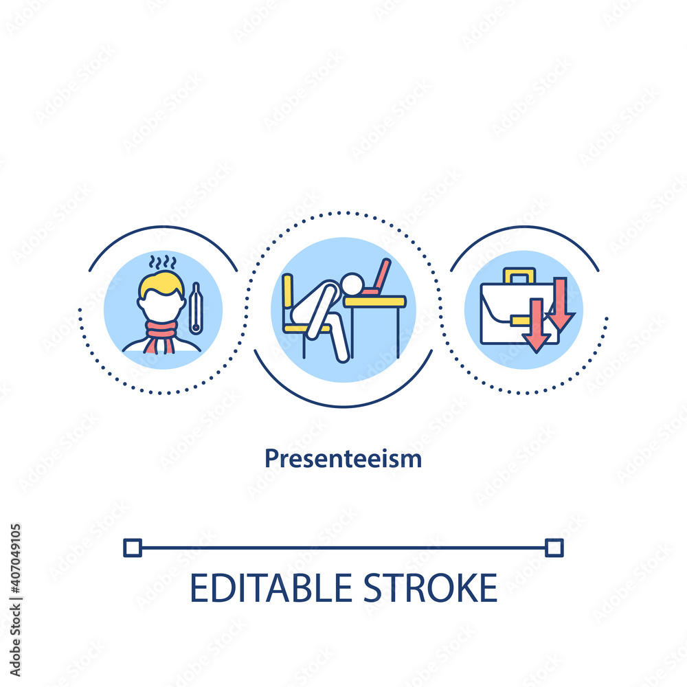 Presenteeism concept icon. Poor health of employees improvement programs creation. Productivity loss idea thin line illustration. Vector isolated outline RGB color drawing. Editable stroke Presenteeism concept icon. Poor health of employees improvement programs creation. Productivity loss idea thin line illustration. Vector isolated outline RGB color drawing. Editable stroke
